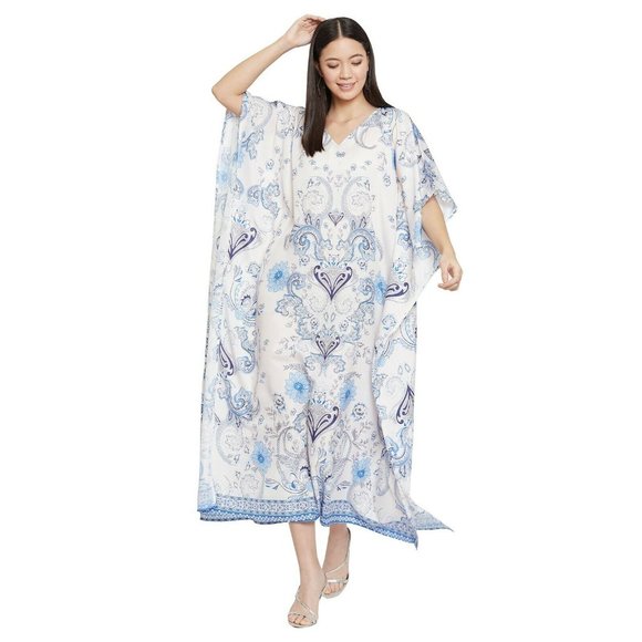 Women's White Floral Caftan Beach Cover Up Full Length Maxi Gown Dresses - Picture 7 of 7